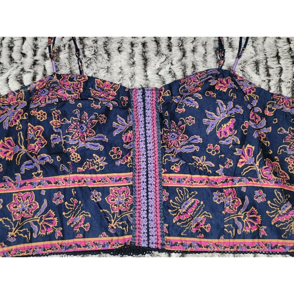 American Eagle Outfitters Smocked Crop Top Floral Print Blue Pink XL TG - Picture 2 of 8